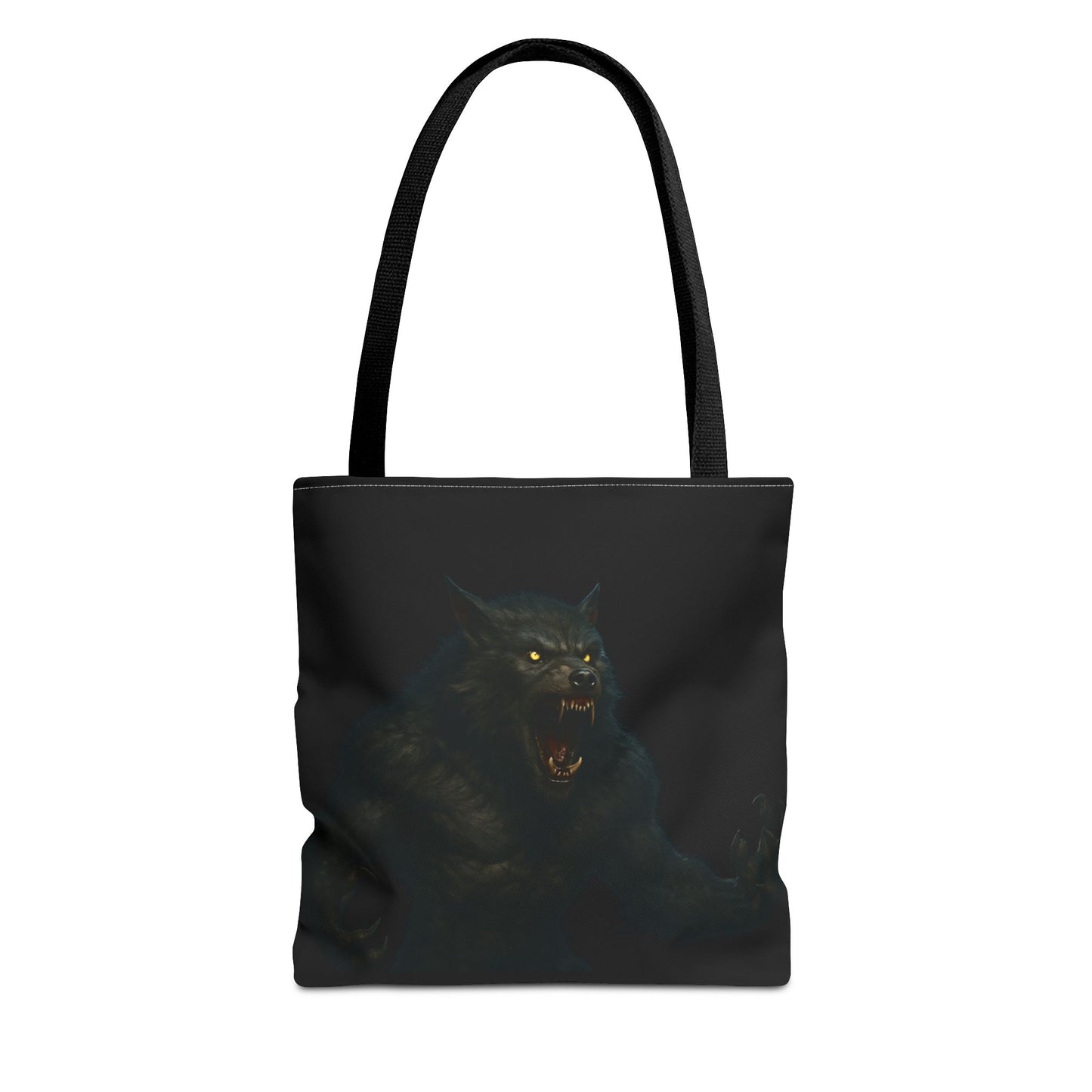 Werewolf tote bag featuring dark Halloween art, ideal gift for horror fans, made by Printify, with a spooky wolf design on fabric.