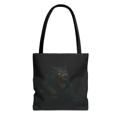 Werewolf tote bag featuring dark Halloween art, ideal gift for horror fans, made by Printify, with a spooky wolf design on fabric.