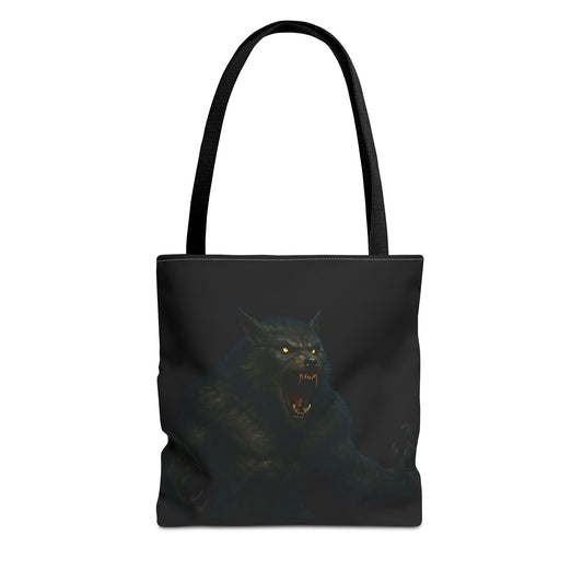 Werewolf tote bag featuring dark Halloween art, ideal gift for horror fans, made by Printify, with a spooky wolf design on fabric.