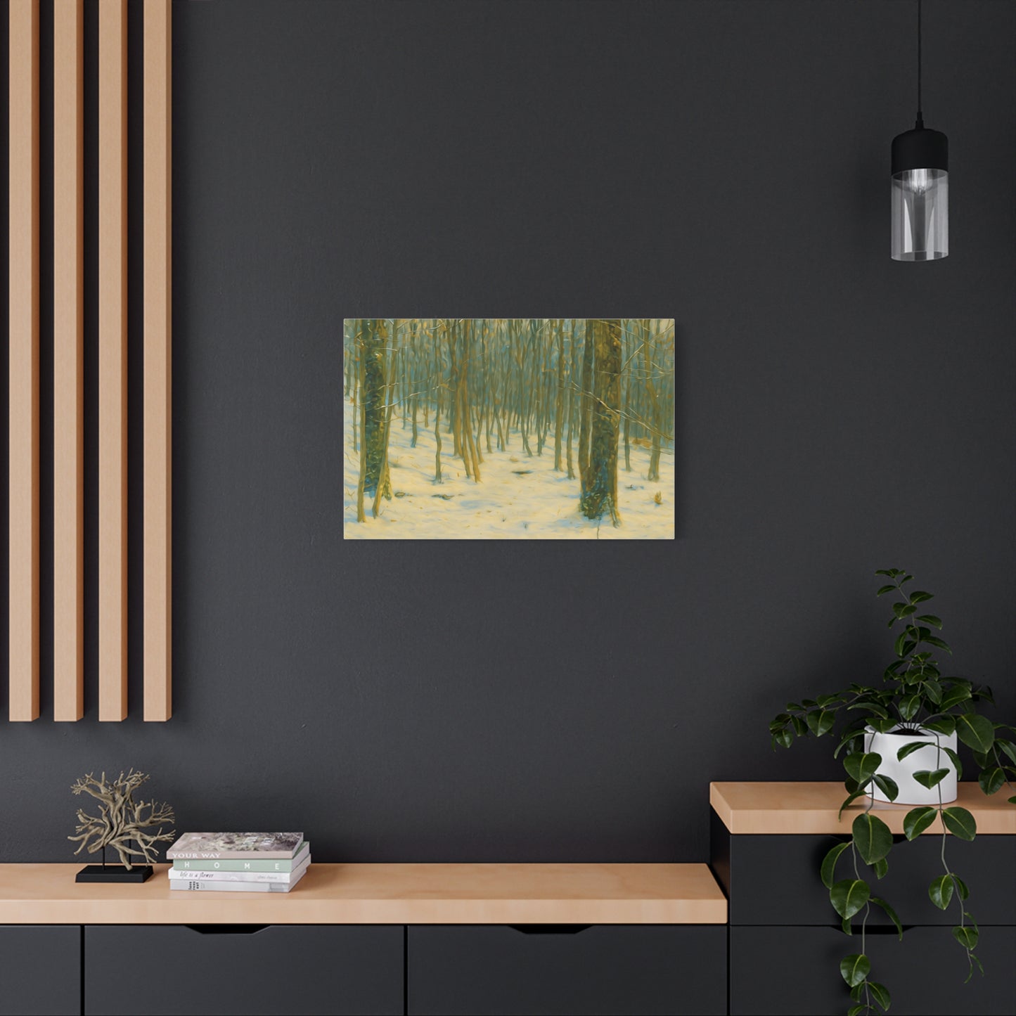 Snowy winter forest canvas print by Printify featuring a matte finish with snowy trees and a peaceful winter landscape.