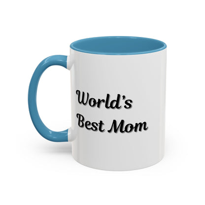 Black-trim ceramic coffee mug with "World's Best Mom" text, ideal as a Mother's Day gift, by Printify.