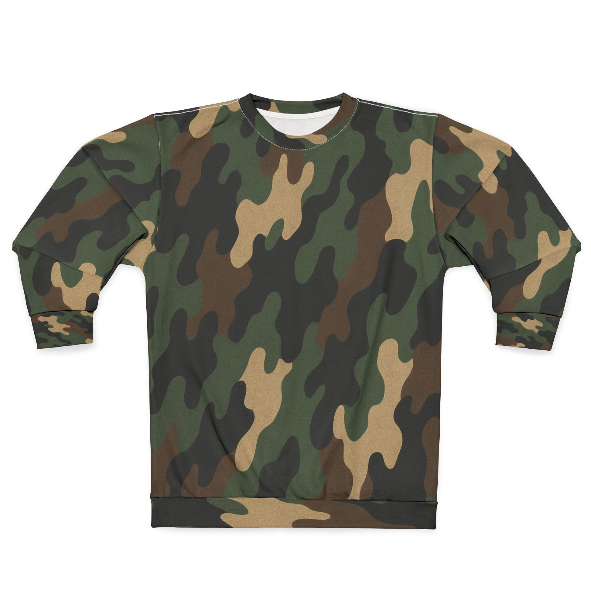 Camo all-over print sweatshirt by Printify featuring a camouflage pattern on soft fabric.