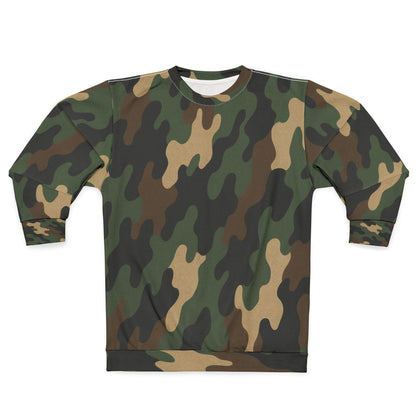 Camo all-over print sweatshirt by Printify featuring a camouflage pattern on soft fabric.