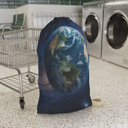 Earth globe laundry bag with planet space print, drawstring canvas pouch for laundry or storage.