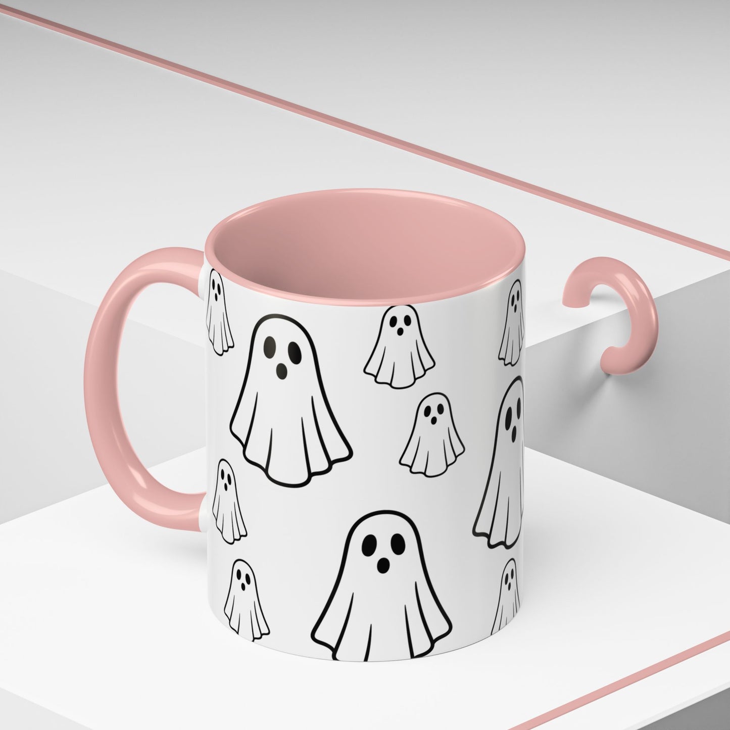 Printify ghost pattern ceramic coffee mug featuring a cute Halloween design in 11oz or 15oz size.
