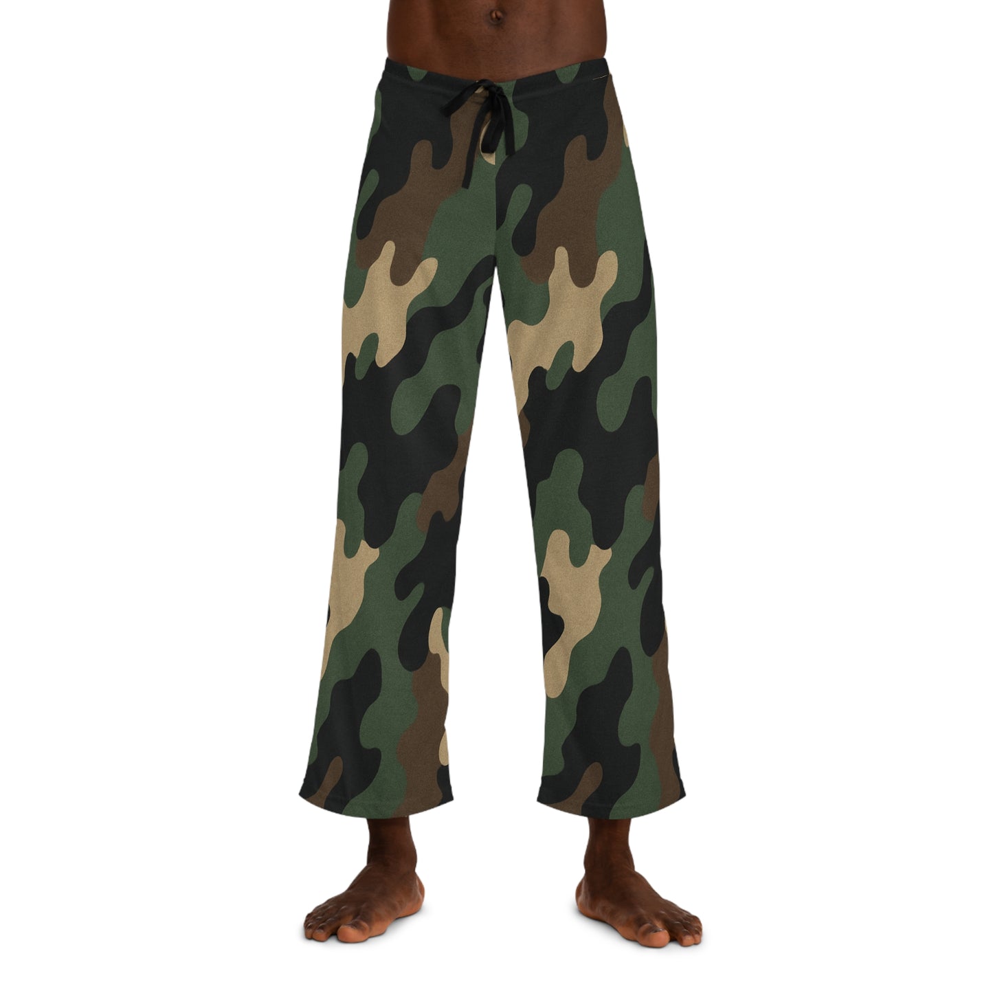 Men's camo lounge pajama pants with all-over print, featuring a comfortable sleepwear design by Printify.