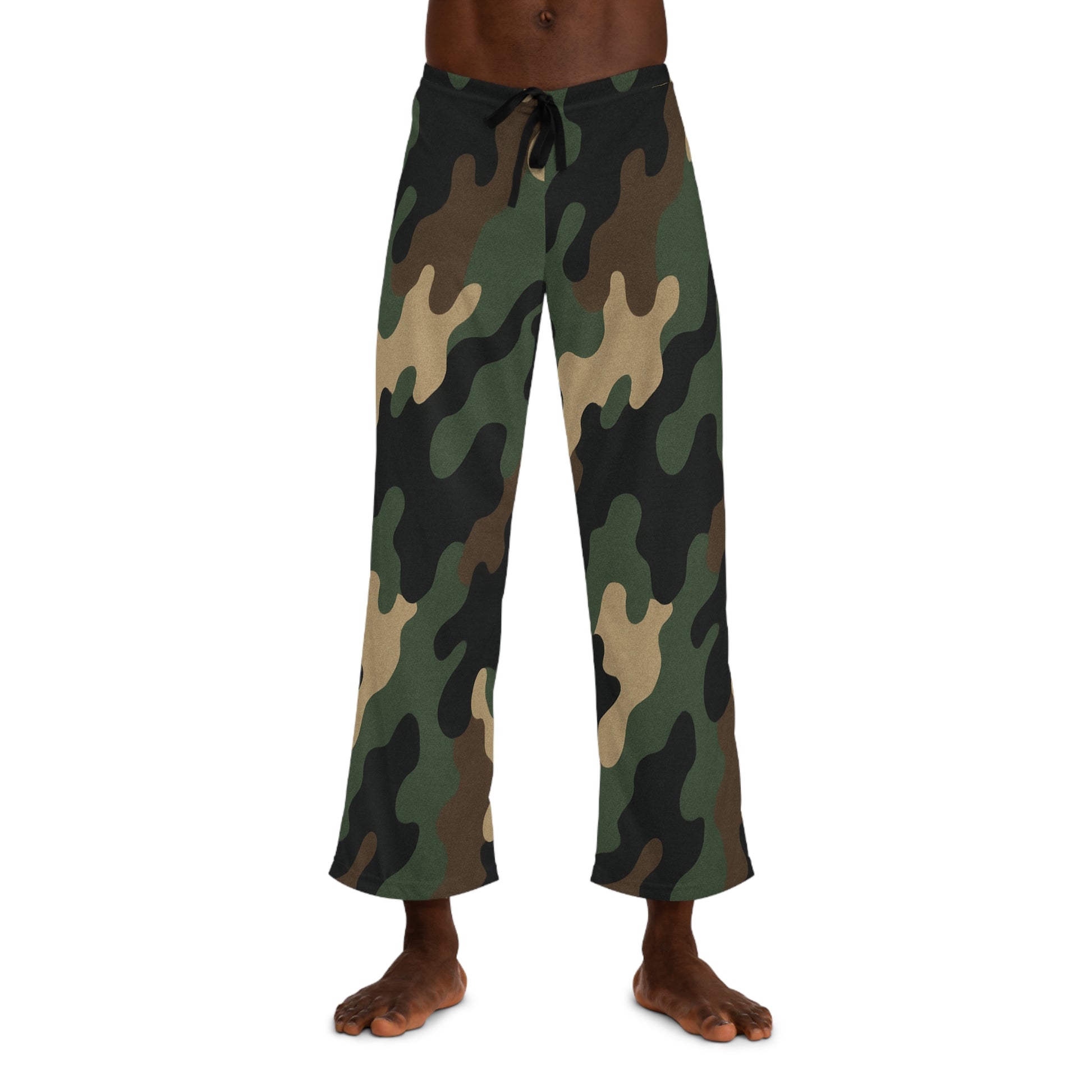 Men's camo lounge pajama pants with all-over print, featuring a comfortable sleepwear design by Printify.