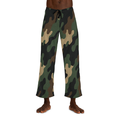 Men's camo lounge pajama pants with all-over print, featuring a comfortable sleepwear design by Printify.