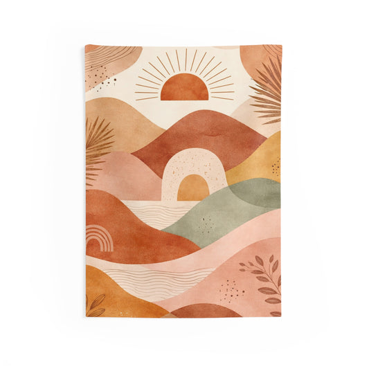 Boho Sunset Wall Tapestry featuring abstract earth-tone landscape design, perfect for bohemian home décor and wall decoration.