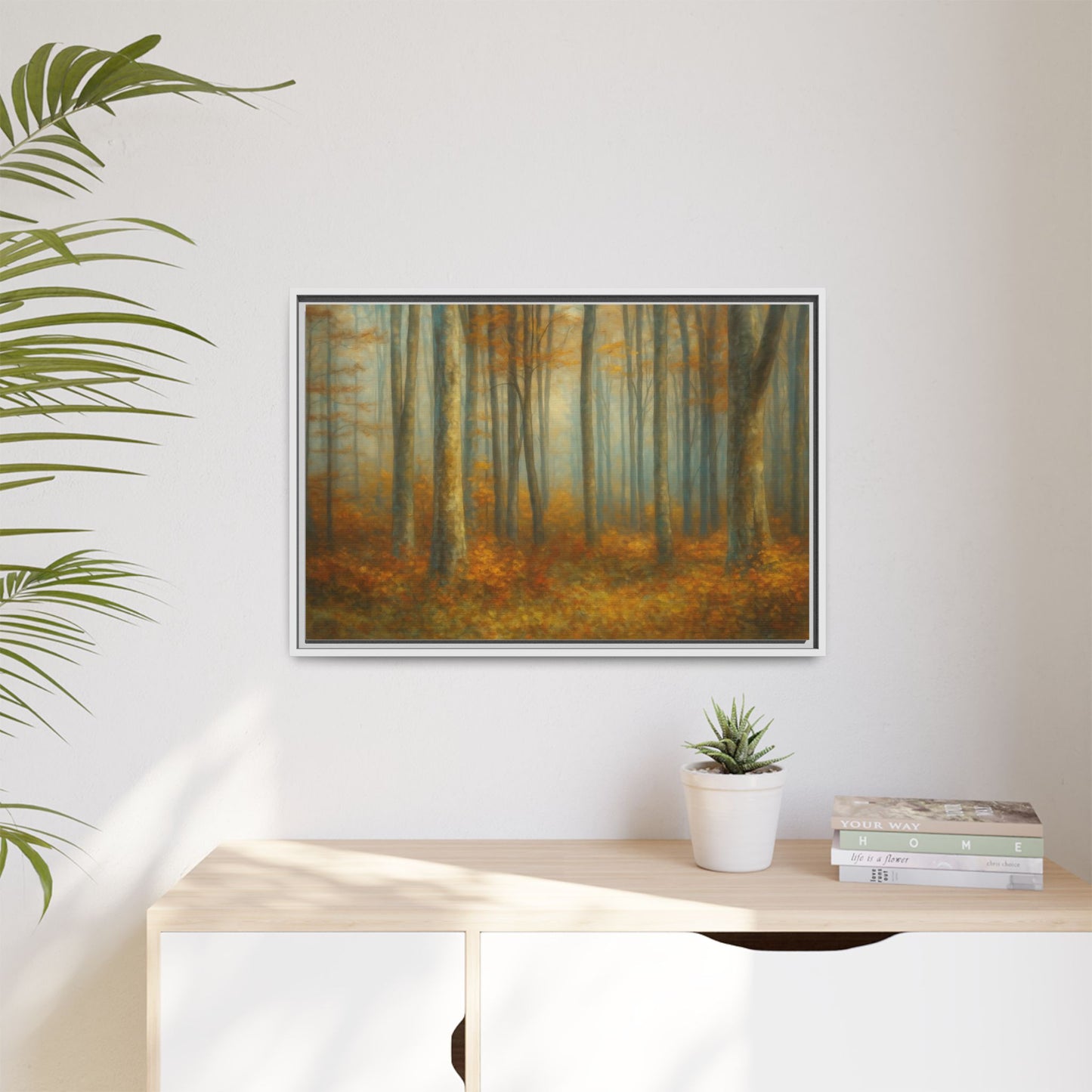 Framed autumn forest canvas print featuring misty woodland scene, wall art by Printify, suitable for nature-inspired home decor.