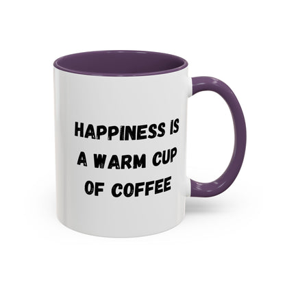 Ceramic coffee mug with "Happiness Is A Warm Cup Of Coffee" quote in black text on white background, Printify brand.