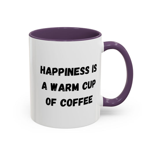 Ceramic coffee mug with "Happiness Is A Warm Cup Of Coffee" quote in black text on white background, Printify brand.