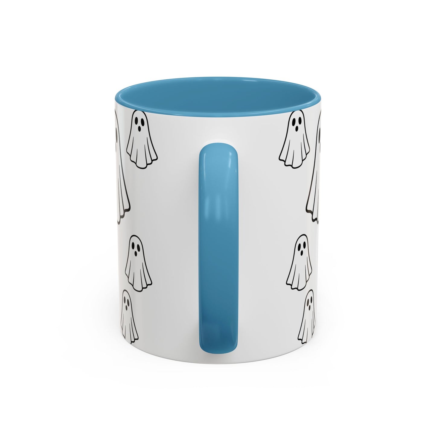 Printify ghost pattern ceramic coffee mug with cute Halloween design, available in 11oz and 15oz sizes.