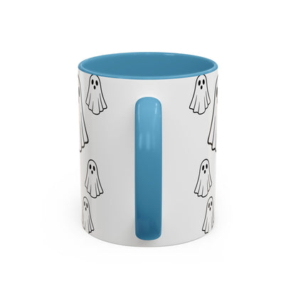 Printify ghost pattern ceramic coffee mug with cute Halloween design, available in 11oz and 15oz sizes.