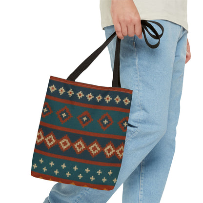 Southwestern diamond pattern tote bag with Aztec tribal geometric print, featuring sturdy handles and vibrant design.