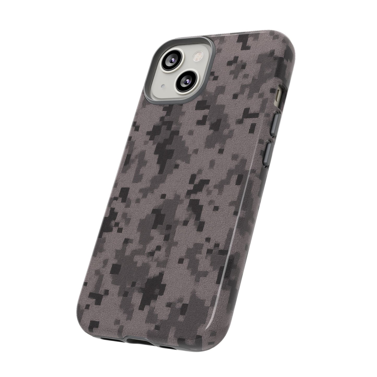 Gray digital camouflage phone case by Printify, tough protective cover for smartphones with a rugged camouflage design.
