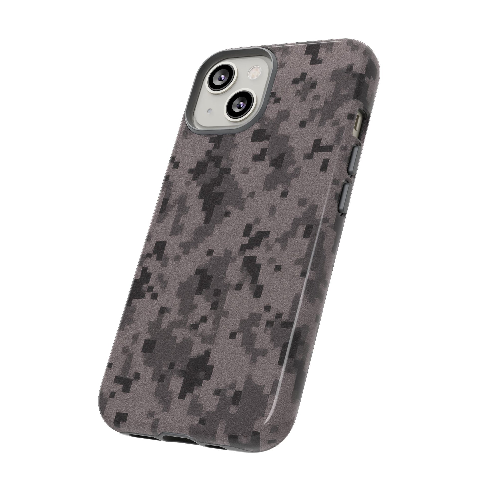Gray digital camouflage phone case by Printify, tough protective cover for smartphones with a rugged camouflage design.
