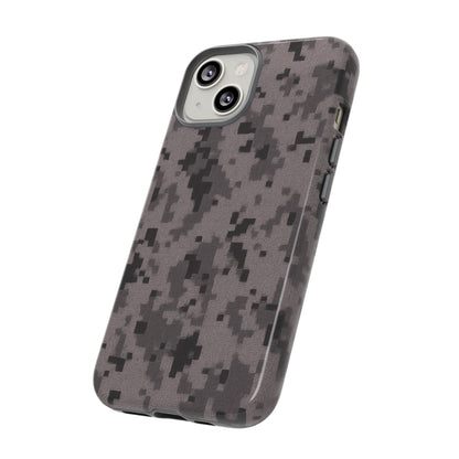 Gray digital camouflage phone case by Printify, tough protective cover for smartphones with a rugged camouflage design.