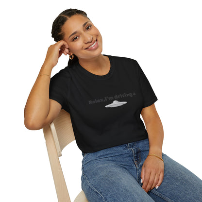 Funny UFO T-Shirt featuring an alien graphic design, perfect for sci-fi fans and casual wear, by Printify.