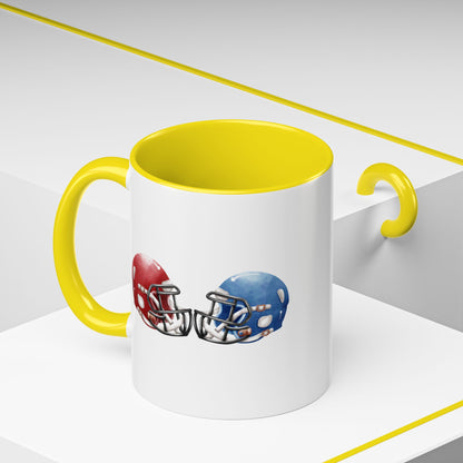 Football Helmet Coffee Mug — Red vs Blue Rivalry Accent Mug (11/15oz)