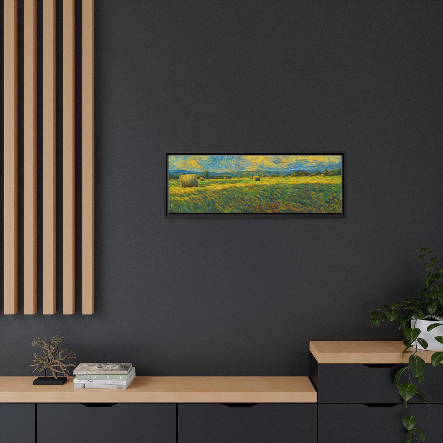 Framed landscape matte canvas print by Printify featuring colorful, scenic mountain and forest artwork on high-quality canvas.
