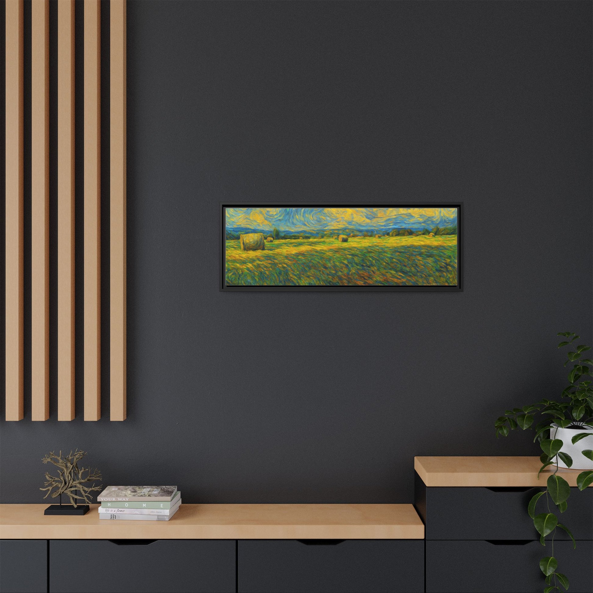 Framed landscape matte canvas print by Printify featuring colorful, scenic mountain and forest artwork on high-quality canvas.
