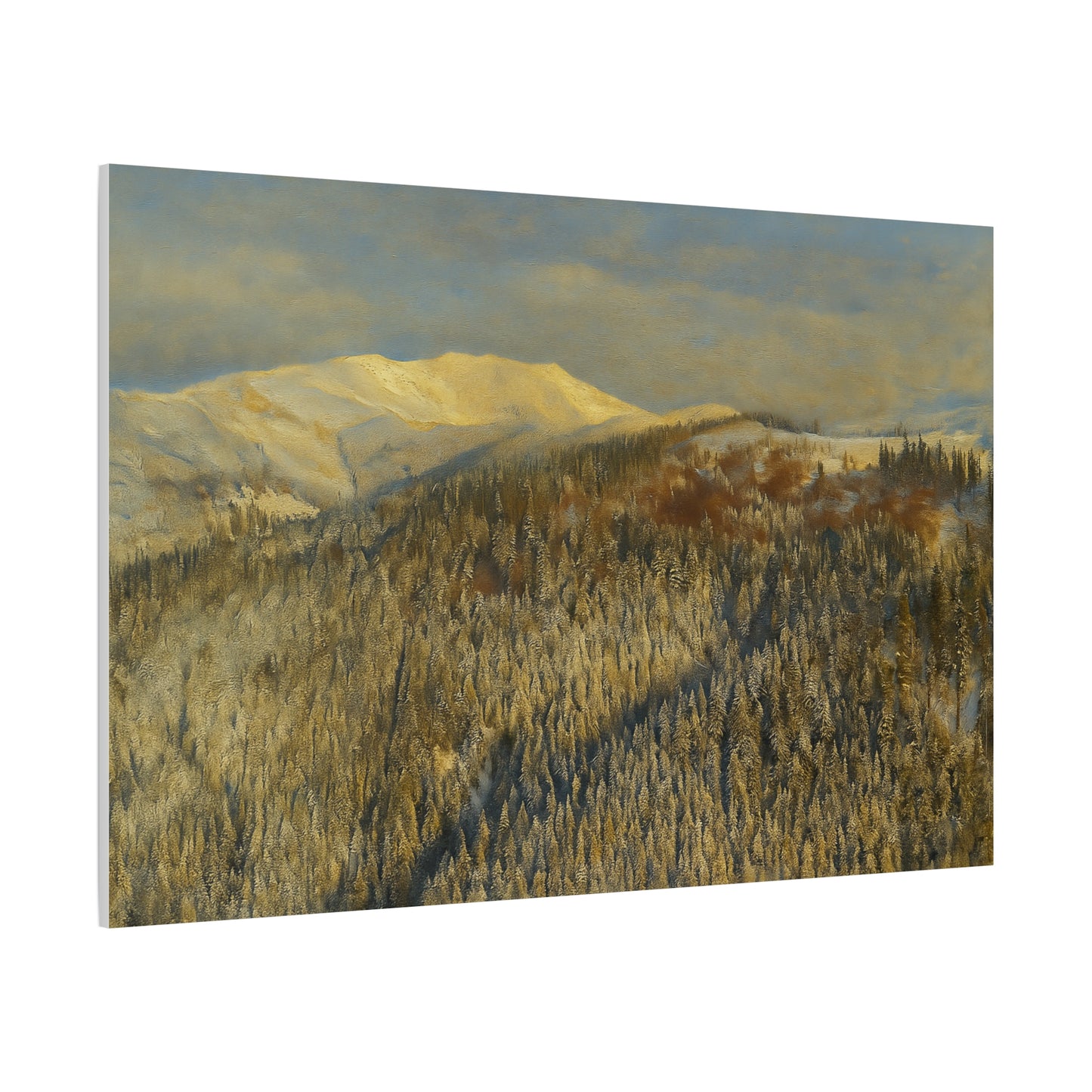 Winter mountain landscape matte canvas print by Printify, stretched 1.25 inches, showcasing snowy peaks and scenic winter scenery.