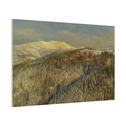 Winter mountain landscape matte canvas print by Printify, stretched 1.25 inches, showcasing snowy peaks and scenic winter scenery.