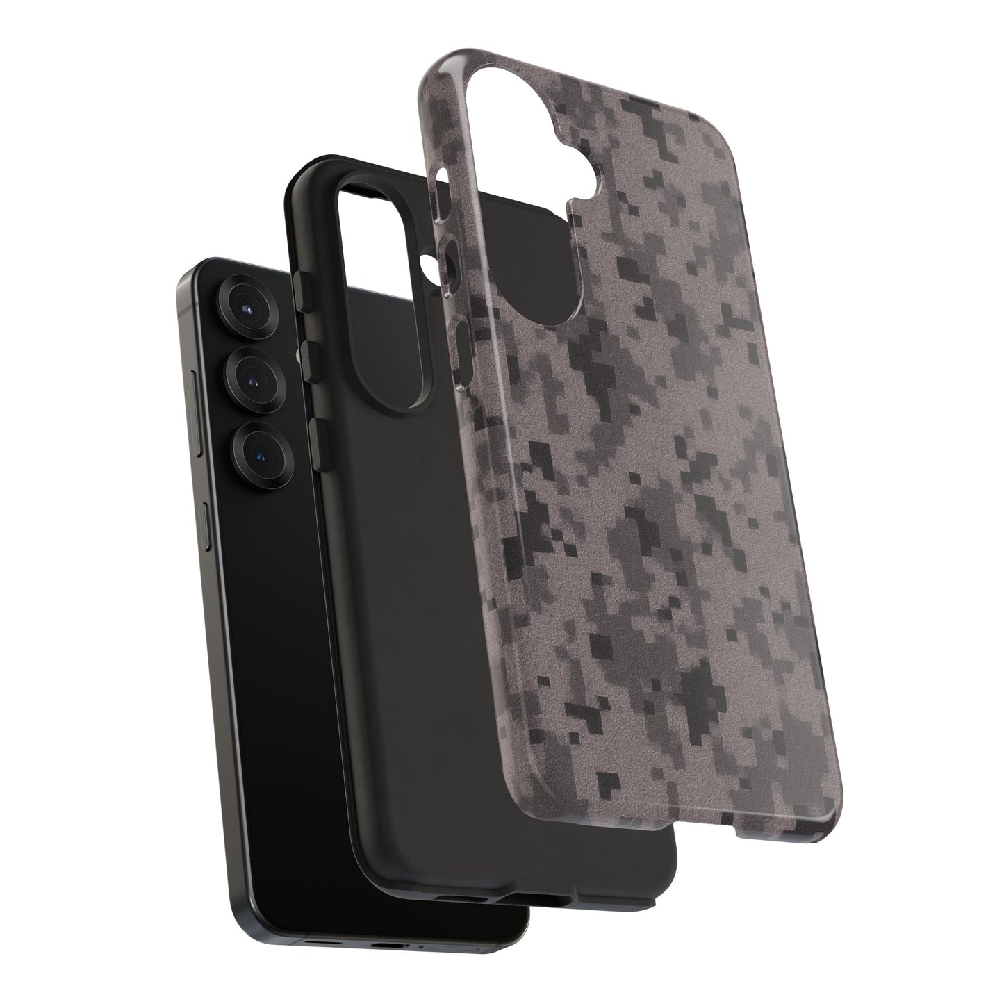 Gray digital camouflage phone case by Printify, tough protective cover for smartphones with a rugged camo design.
