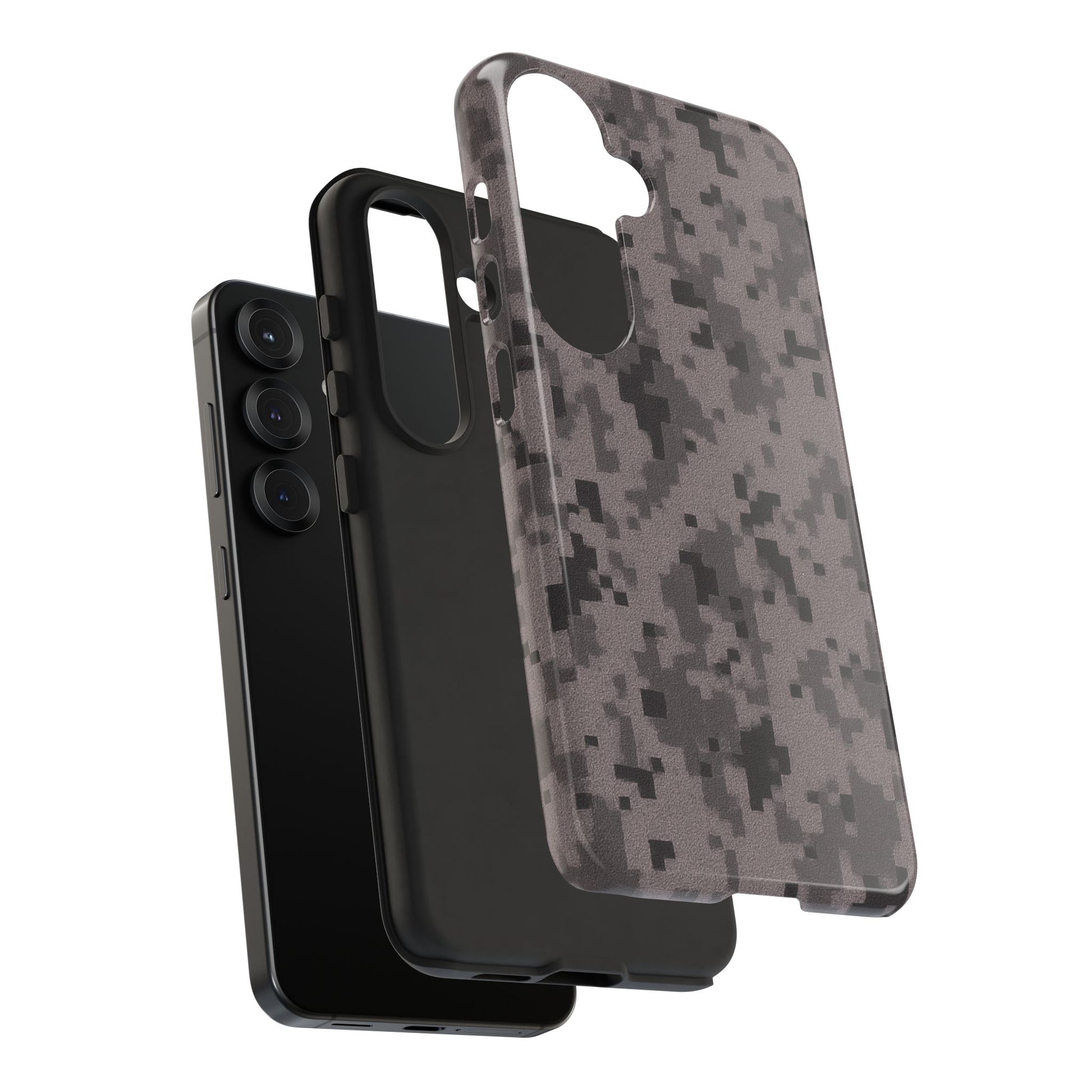 Gray digital camouflage phone case by Printify, tough protective cover for smartphones with a rugged camo design.
