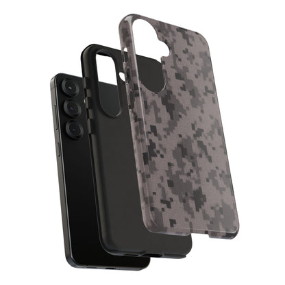 Gray digital camouflage phone case by Printify, tough protective cover for smartphones with a rugged camo design.