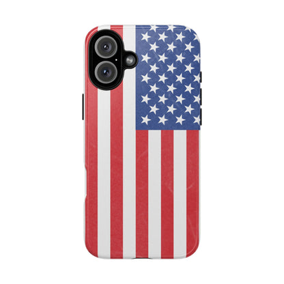 American flag tough phone case for iPhone, durable patriotic design with bold stars and stripes, made by Printify.