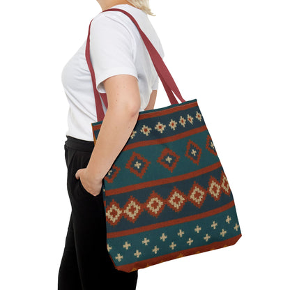 Southwestern diamond pattern tote bag with Aztec tribal geometric print, showing sturdy fabric handles and vibrant tribal design.