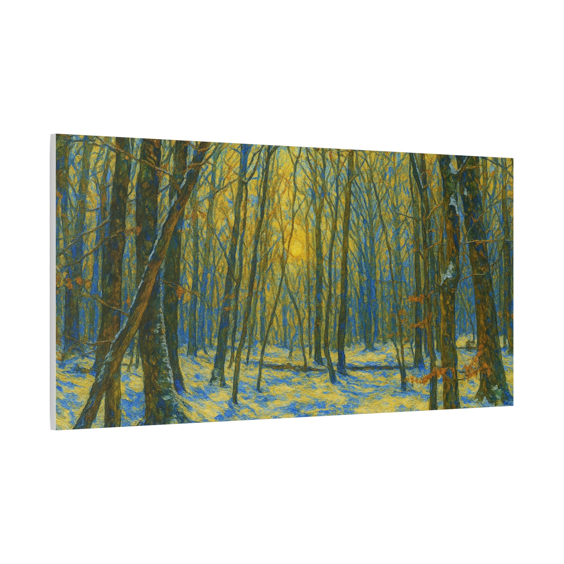 Winter woodland forest sunlight canvas print, matte stretched art by Printify showcasing a serene winter forest scene.