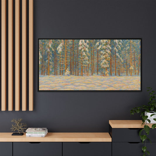 Framed matte canvas print of a snowy pine forest landscape by Printify, showcasing detailed trees and winter scenery.