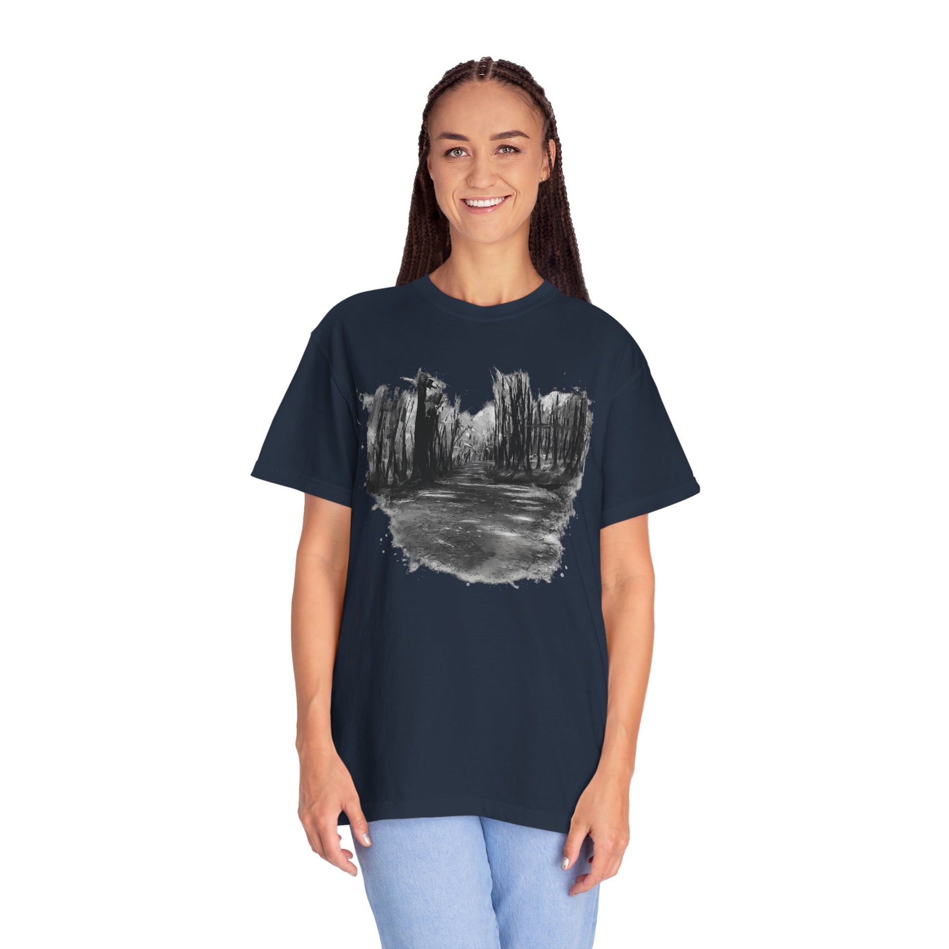 Artistic Forest Scene T-shirt | Nature Lover Gift, Outdoor Adventure Tee, Eco-Friendly Fashion, Vintage Inspired Clothing, Unisex Gift - TRV
