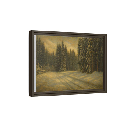 Framed matte canvas wall art featuring a winter forest landscape with snow-covered trees and tranquil woodland scene.