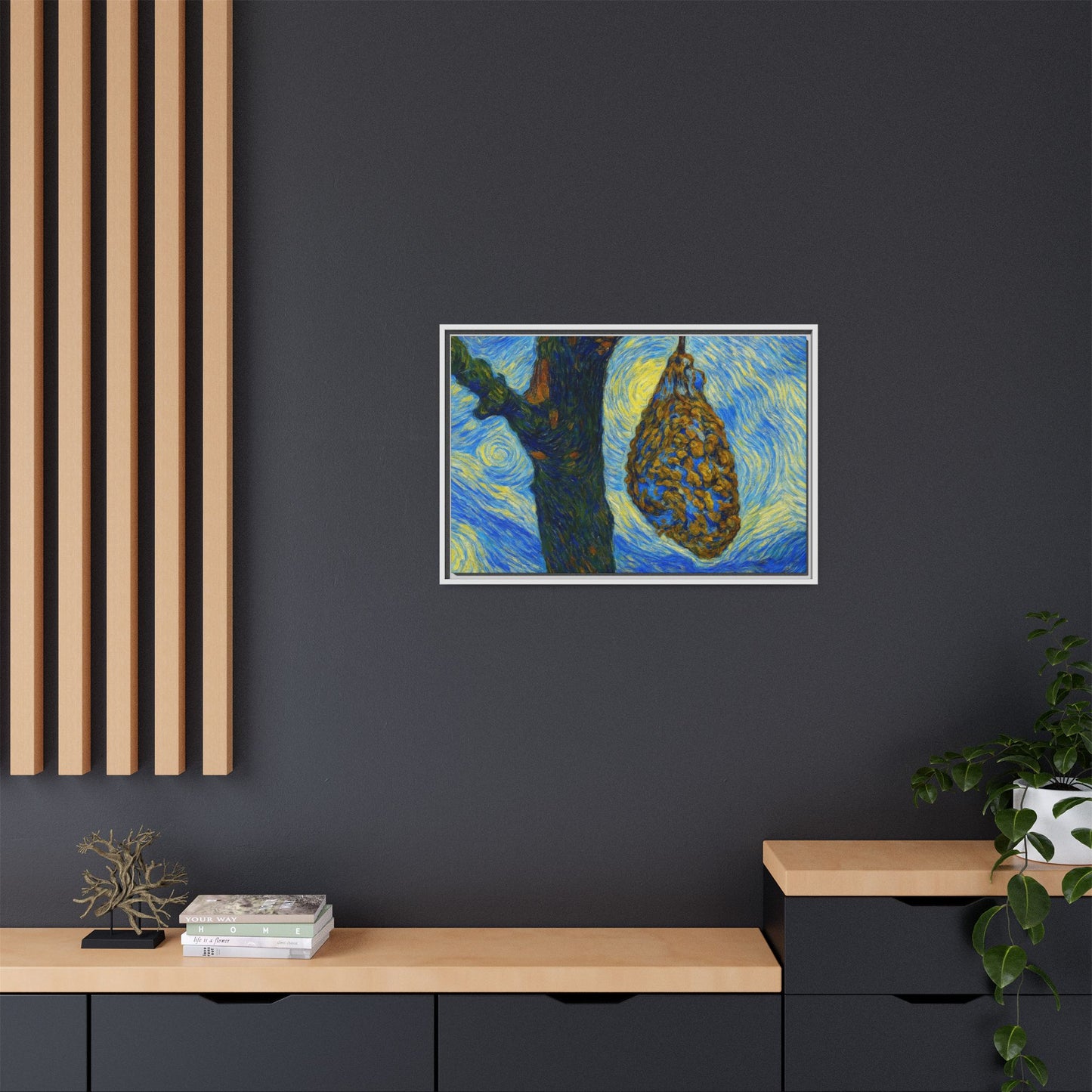 Framed matte canvas art of a starry nut cluster featuring dried plum in a tree, by Printify.