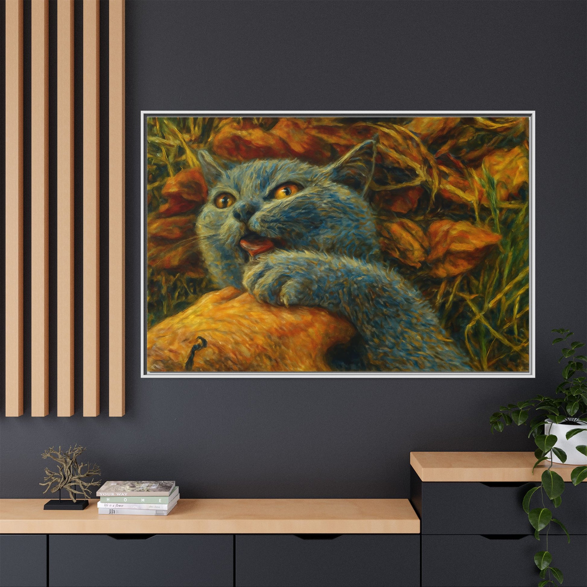 Blue canvas print featuring whimsical cat artwork, ideal for wall decor or cat lover gifts, by Printify.