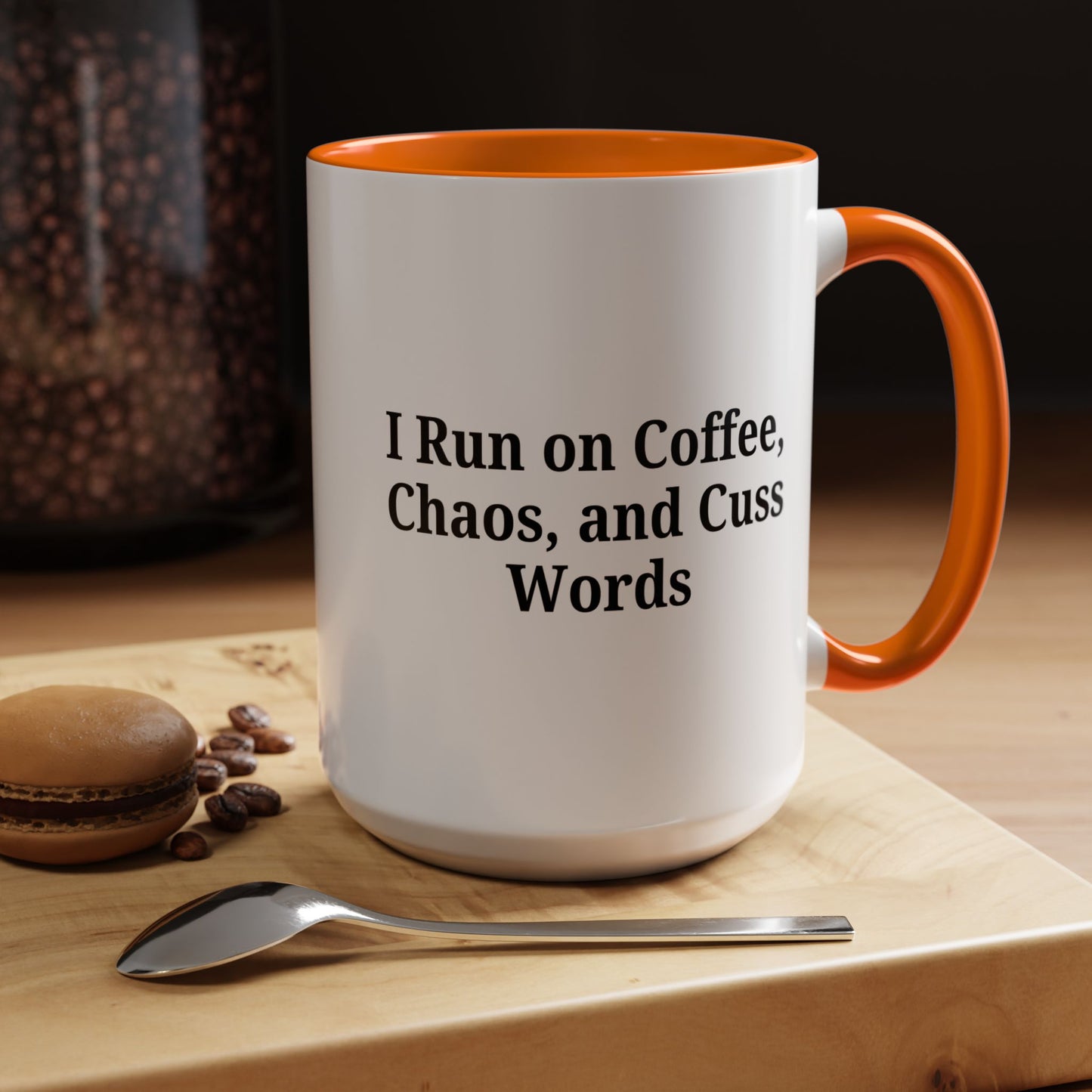 Funny Black Accent Coffee Mug - "I Run on Coffee, Chaos, and Cuss Words" - Ideal Gift for Coffee Lovers - TRV