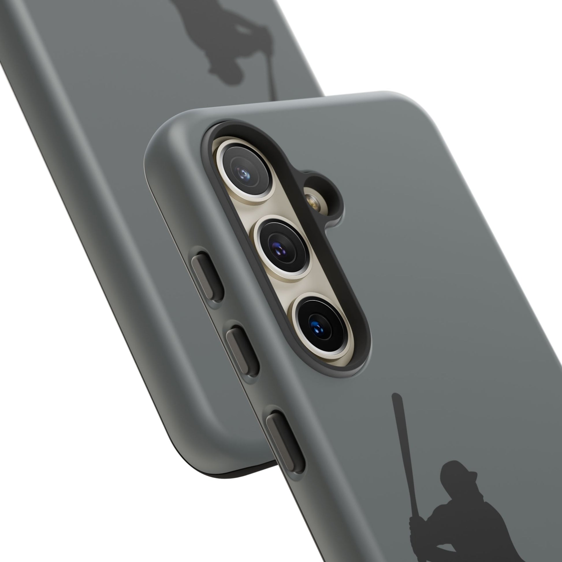 Black tough phone case with a white baseball silhouette design, fits an iPhone, provides sporty protection from Printify.