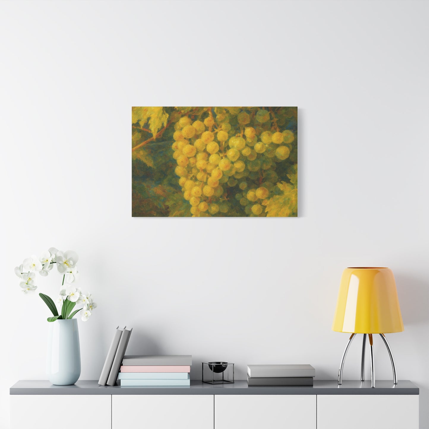 Yellow grape cluster canvas print by Printify showing vibrant yellow grapes hanging in a cluster on a canvas art piece.