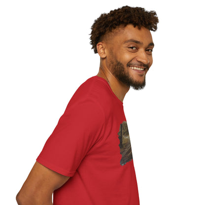 Vintage forest landscape T-Shirt by Printify featuring a detailed nature pathway scene on soft fabric.
