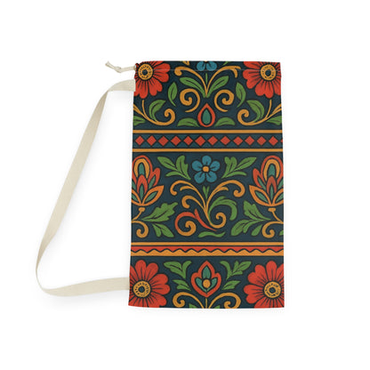 Boho floral laundry bag with folk floral pattern and drawstring closure, made by Printify for stylish laundry organization.