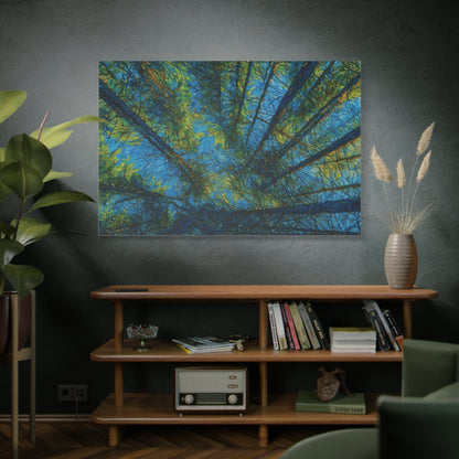 Forest Canopy Matte Canvas Wall Art — Upward View of Trees, Blue & Green Nature Print