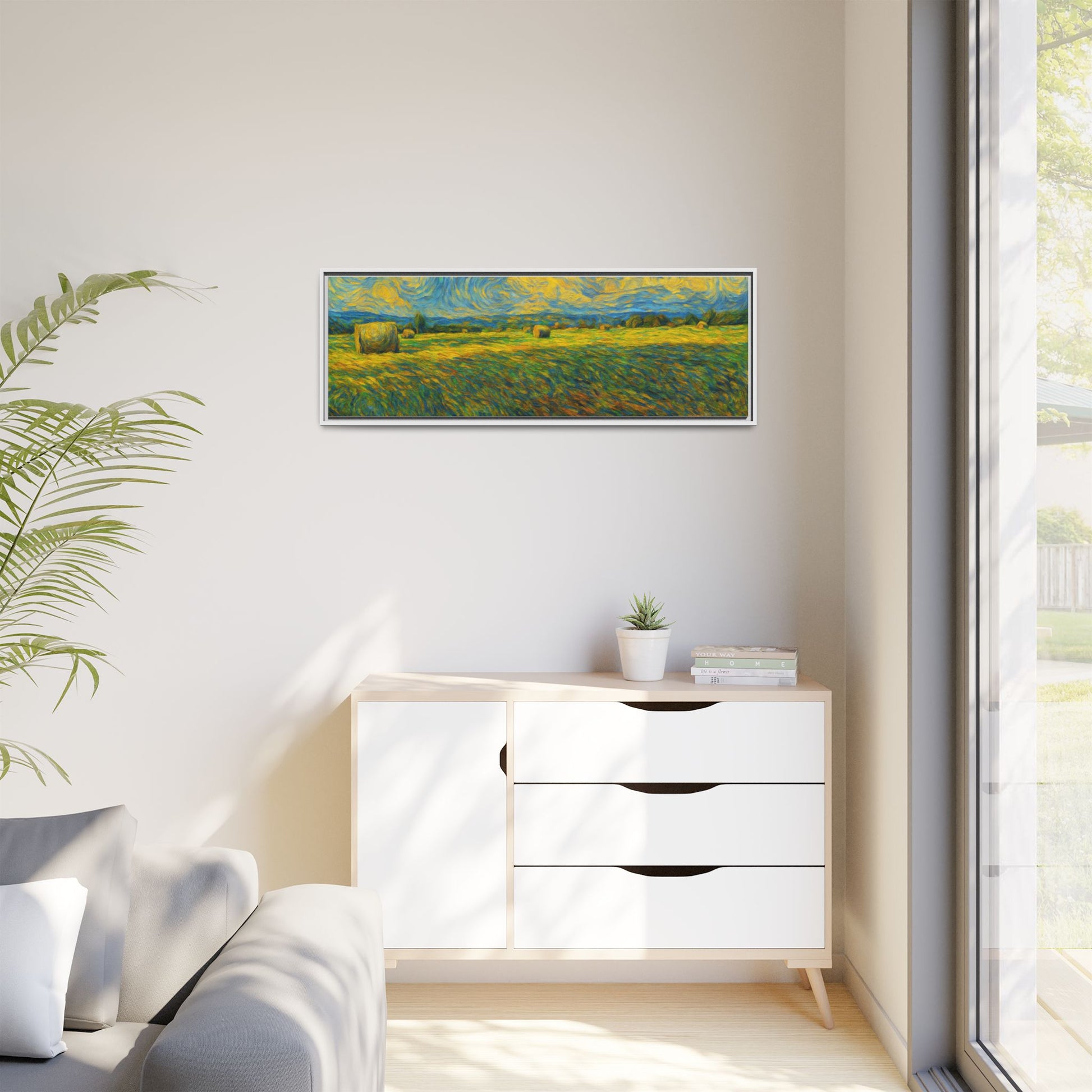 Framed landscape matte canvas print by Printify featuring a vibrant, multi-color scenic design on high-quality canvas.