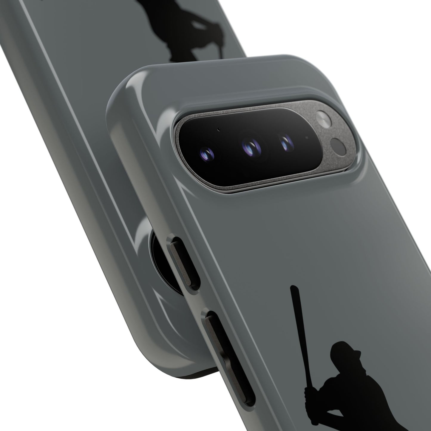 Black iPhone case with white baseball silhouette design, protective sporty phone cover by Printify.