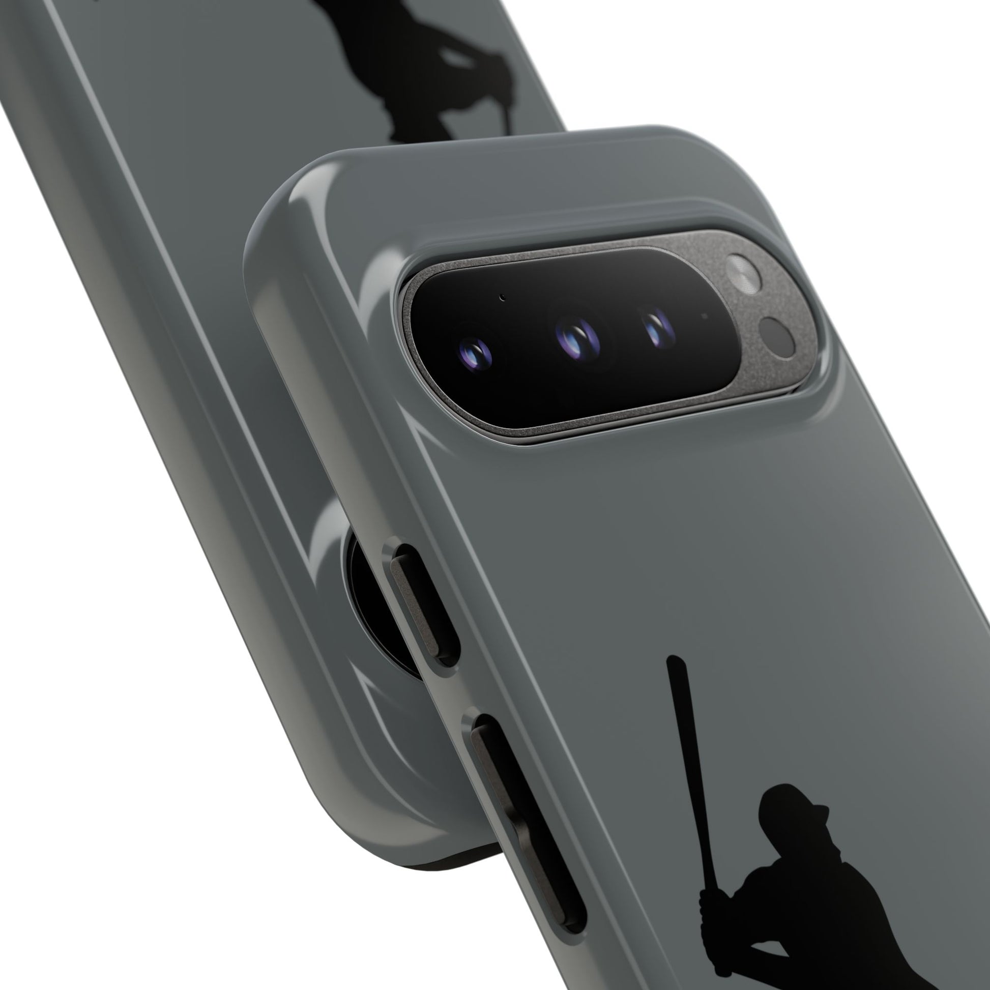 Black iPhone case with white baseball silhouette design, protective sporty phone cover by Printify.