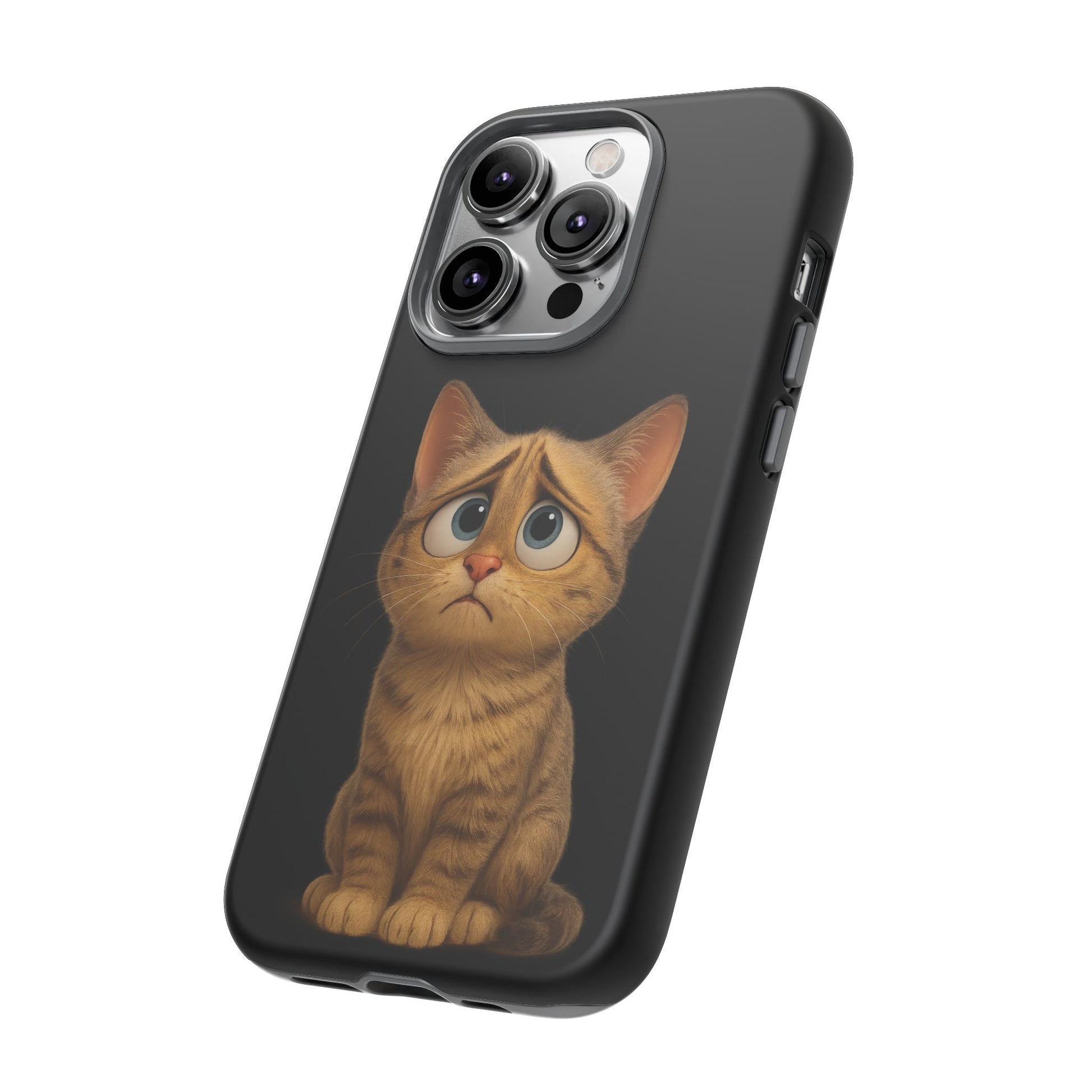 Cute sad kitty print phone case for iPhone, protective and stylish, featuring a charming cartoon cat design by Printify.