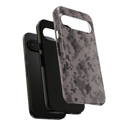 Gray digital camouflage phone case by Printify, tough protective cover for smartphones with a rugged camouflage pattern.